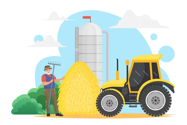 Αγρότες Εργάζονται Στο Χωριό Συγκομιδή Σιτηρών Γεωργία Τεχνολογία Διανυσματική Απεικόνιση — Διανυσματικό Αρχείο