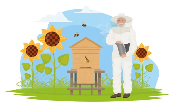 Ludzie Pszczelarze Pracują Pasiece Produkcji Miodu Wektor Ilustracji Kreskówka Starszy — Wektor stockowy