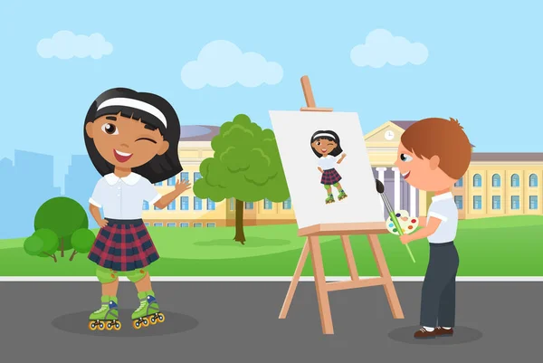 아이들은 일러스트에서 재미있는 시간을 보냅니다 캐릭터 여학생의 그림그리는 그림이 그려진 — 스톡 벡터