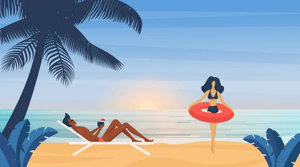 Casal Pessoas Tomar Banho Sol Verão Tropical Praia Mar Vetor —  Vetores de Stock