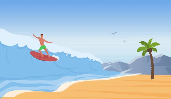 Sörfçü Insanlar Sörf Yapar Deniz Kıyısında Dalgalarına Biner Yaz Macerası — Stok Vektör