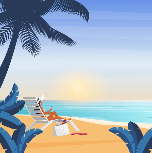 Güverte Sandalyesinde Yatan Bikinili Kız Deniz Kıyısı Tropikal Tatil Vektör — Stok Vektör