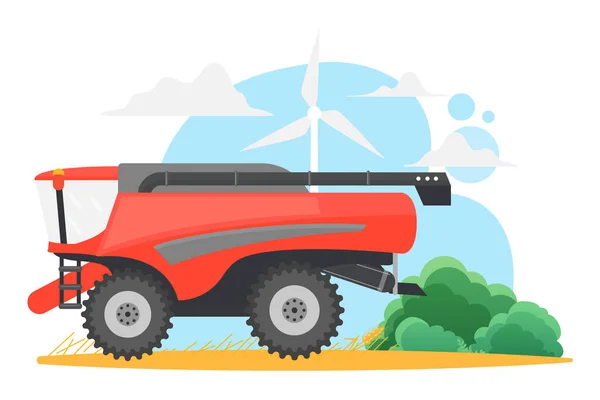 小麦农场收割机将农村黄色麦田的机器耕作与风车病媒图解相结合 农活中的卡通现代机械 被白色隔离的农业技术 — 图库矢量图片