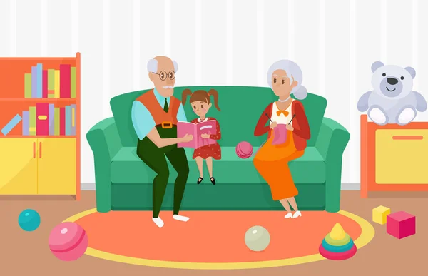 Счастливые Семейные Люди Читают Книжные Векторные Иллюстрации Мультфильм Бабушка Дедушка — стоковый вектор