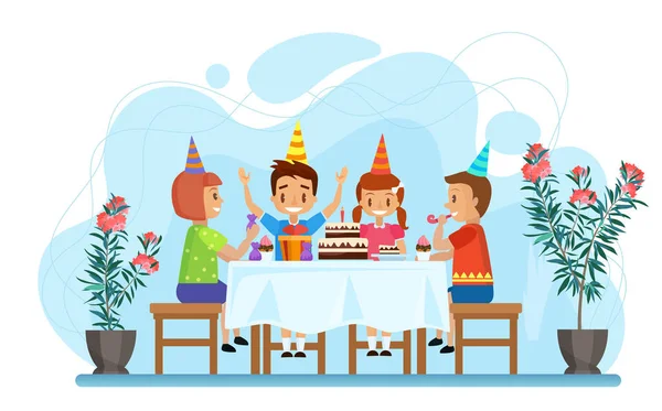 Joyeux Enfants Célèbrent Anniversaire Fête Illustration Vectorielle Personnages Fille Garçon — Image vectorielle