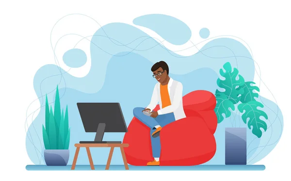 人们在家里的向量图上玩电子游戏 年轻的卡通人物坐在舒适的扶手椅上 手里拿着游戏控制器的操纵杆 在白色的椅子上孤身一人玩耍 — 图库矢量图片