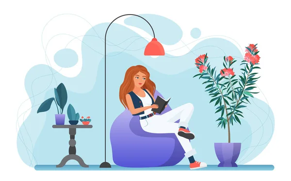 女孩在家里看书矢量插图 卡通片上的年轻女子坐在现代舒适的扶手椅上 坐在灯下看书或看书 周末单独在白色的床上休息 — 图库矢量图片
