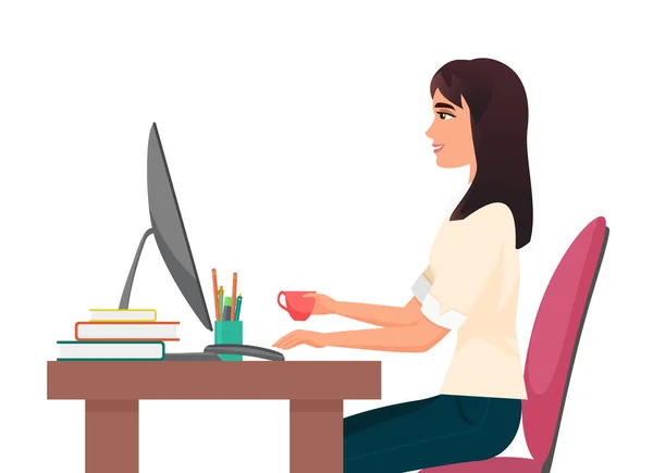 工作场所的工间工间工间工间的工间图解 卡通片中年轻的女商人喝着热咖啡 在电脑桌上工作的妇女被隔离在白色的环境中 — 图库矢量图片