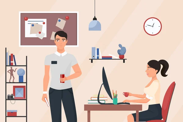 上班时间的商人们在办公室里用室内病媒图解 卡通片中的男女角色在工作和友好的对话背景下聊天 喝咖啡或喝果汁 — 图库矢量图片