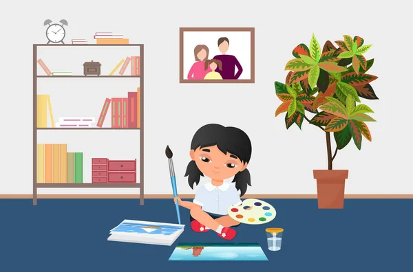 Παιδική Ζωγραφική Πινέλο Χρώματα Εικονογράφηση Διάνυσμα Παλέτας Γελοιογραφία Κοριτσάκι Καλλιτέχνη — Διανυσματικό Αρχείο