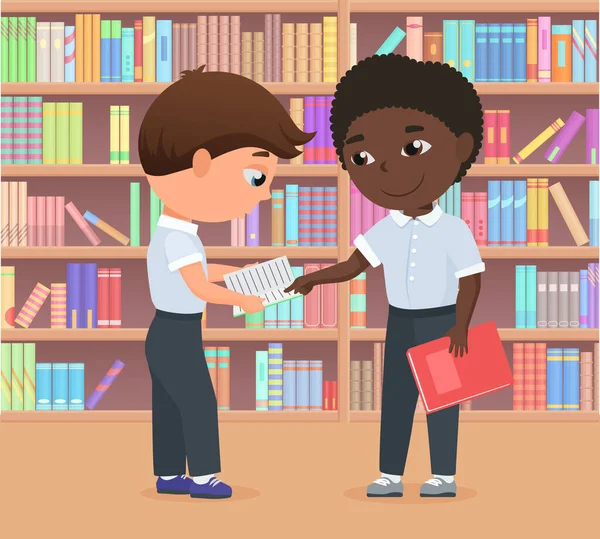Děti Stojící Společně Knihovně Nebo Knihkupectví Děti Studují Vektorové Ilustrace — Stockový vektor