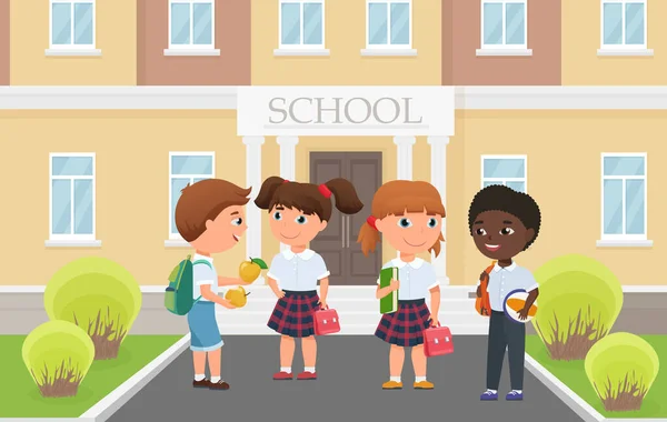 Szczęśliwe Dzieci Przed Wejściem Budynku Szkoły Zabawna Zróżnicowana Grupa Uczniów — Wektor stockowy