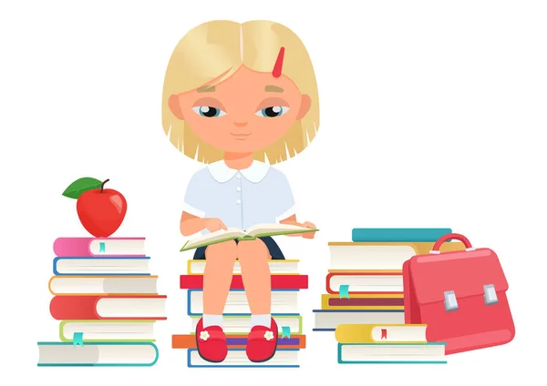 Šťastná Dívka Student Čtení Otevřené Knihy Knihovně Vzdělávání Učení Vektorové — Stockový vektor