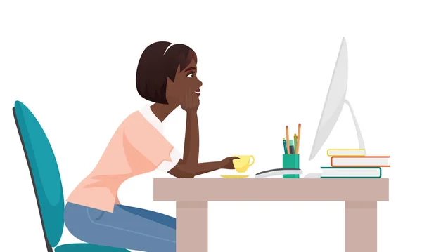 Αφρο Αμερικανίδα Ελεύθερη Επαγγελματίας Εργάζεται Ενώ Κάθεται Στον Υπολογιστή Απομακρυσμένη — Διανυσματικό Αρχείο