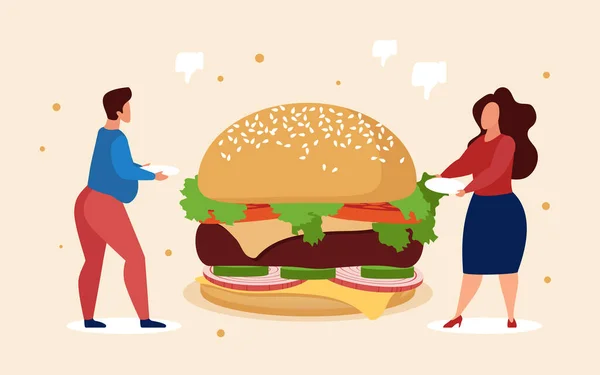 Fast Food Konzept Hungrige Dicke Essen Burger Streetfood — Stockvektor