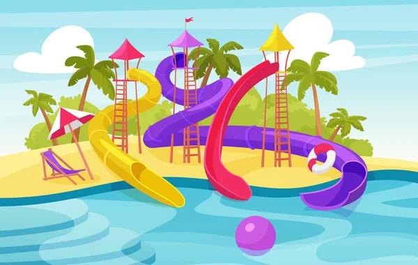 ウォーターアミューズメントパーク ウォータースライダーとプール付きの漫画アクアパーク夏のリゾート — ストックベクタ