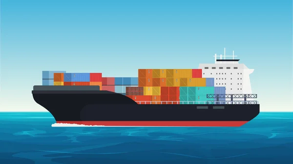 Vector Cargo ship with containers in the ocean. Delivery, transportation, shipping freight transportation