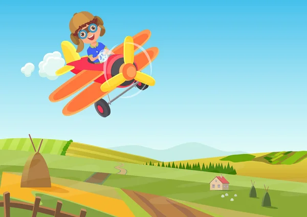 Cute little boy flying in airplane above the fields. Funny flying airplane cartoon vector illustration
