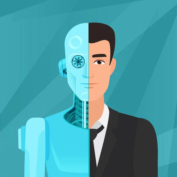 Half Cyborg Half Human Man Businessman Suit Vector Illustration — Stock Vector