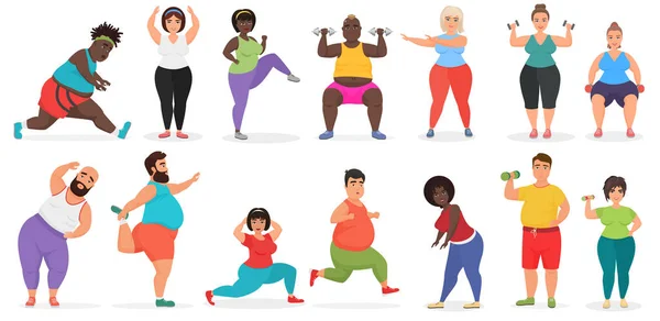 Fett Söt Människor Gör Fitness Utöva Utbildning Man Och Kvinna — Stock vektor