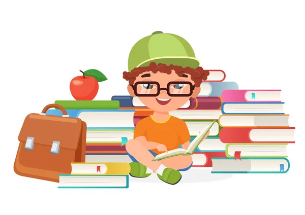 Boy Pupil Reading Books Alone Vector Illustration — Stock Vector