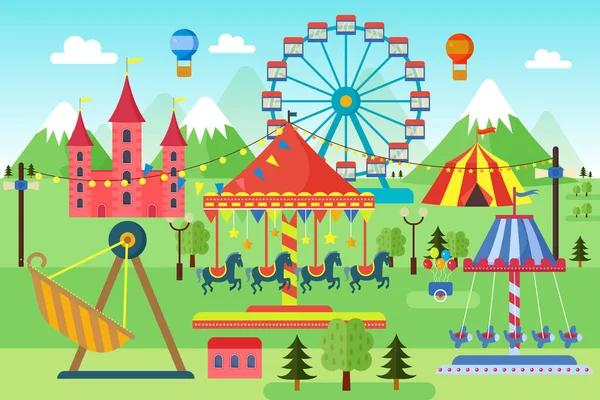 Amusement park with carousels, roller coaster and air balloons. Comic circus, fun fair. Cartoon carnival theme landscape vector illustration
