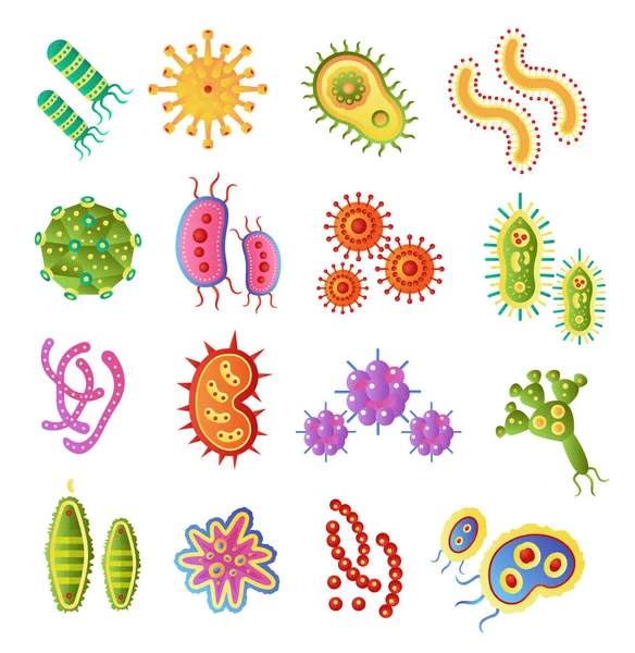 Infektion Bakterier Och Pandemiviruset Vector Biologi Ikoner Vector Platt Bakterier — Stock vektor