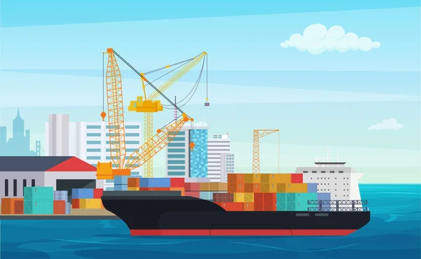 Logistik Lastbil Och Transport Container Fartyg Lasthamn Med Industrikranar Vektorillustration — Stock vektor
