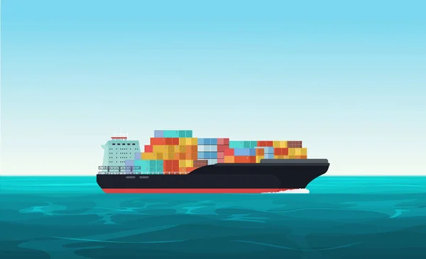 Cargo transportation ship with containers in the ocean. Delivery, shipping freight transportation concept vector illustration