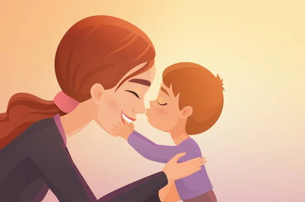 Cute little boy kisses his happy mother cartoon vector illustration