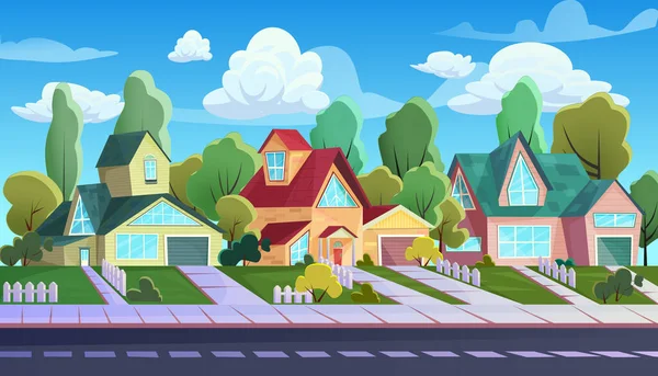 Houses Street Suburb Town Cartoon Family Cottages — Stockvector