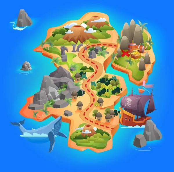 宝ゲームマップベクトルイラスト 海賊金宝への道方向を示す漫画の熱帯島の地図 山や森を通して 海で海賊船から始まる ゲームの背景 — ストックベクタ
