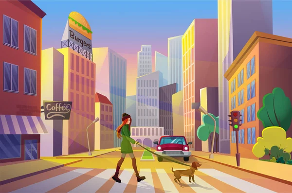 Woman Crossing Street Alone Her Pet Sunset Cartoon City Urban —  Vetores de Stock