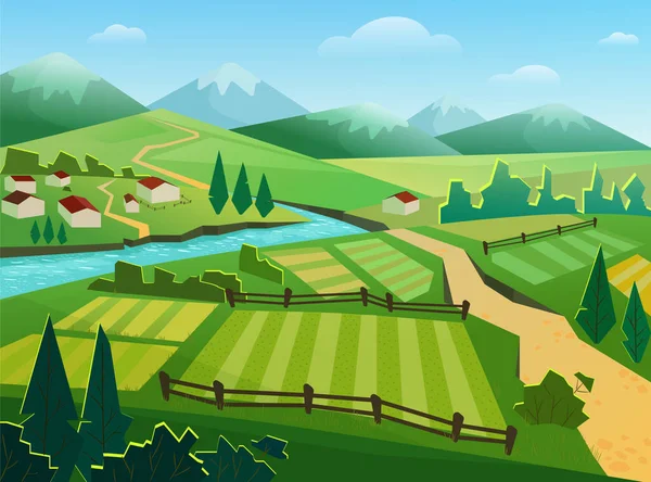 Rural Landscape Countryside Small Cottages Village River Green Fields Mountains — Vector de stock
