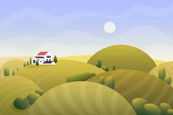 Солнечный Сельский Золотистый Осенний Пейзаж Загородным Домом Горками Полями Даче — стоковый вектор