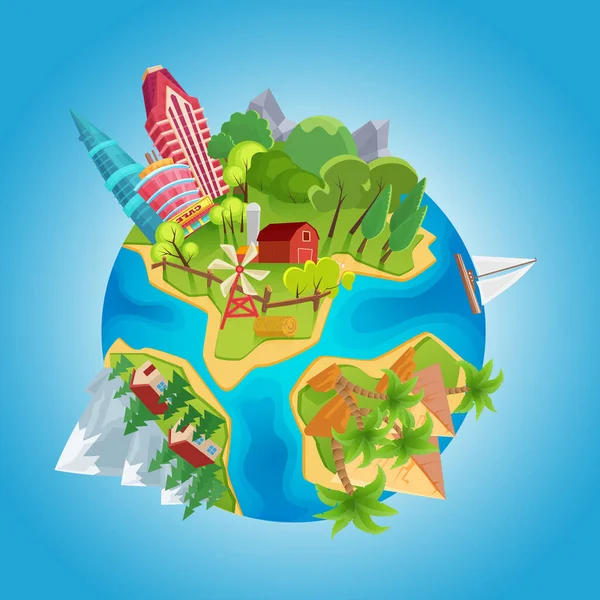 Desenhos Animados Conceito Planeta Bonito Planeta Globo Com Edifícios Cidade — Vetor de Stock