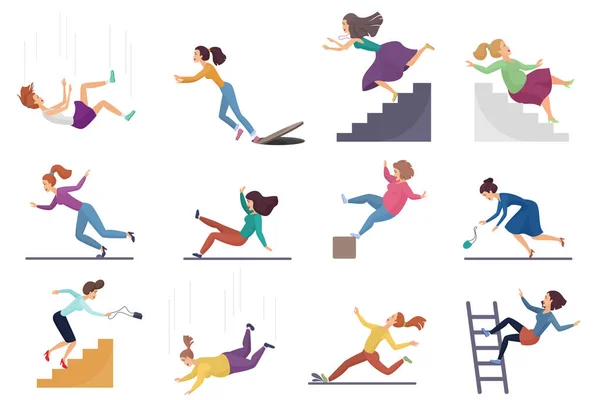 Set Injuring Female Woman Falling Stairs Edge Ladder Drop Altitude — Image vectorielle