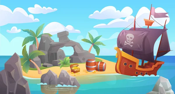 Pirata Ilha Paisagem Vetor Ilustração Desenhos Animados Paisagem Marinha Cênica — Vetor de Stock