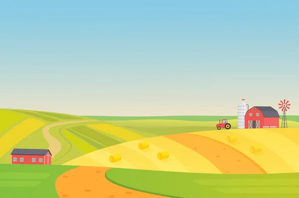 秋季阳光生态收获农场景观与农用车辆 青贮塔和干草 五颜六色的平向量例证 — 图库矢量图片