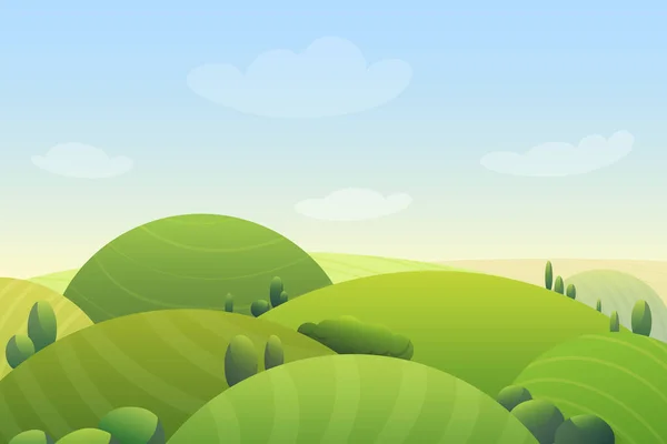 Cartoon Circle Green Meadow Hills Trees Landscape — Vector de stock
