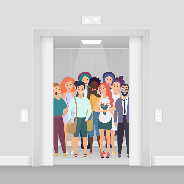 Group Young Smiling People Elevator Open Doors — Image vectorielle