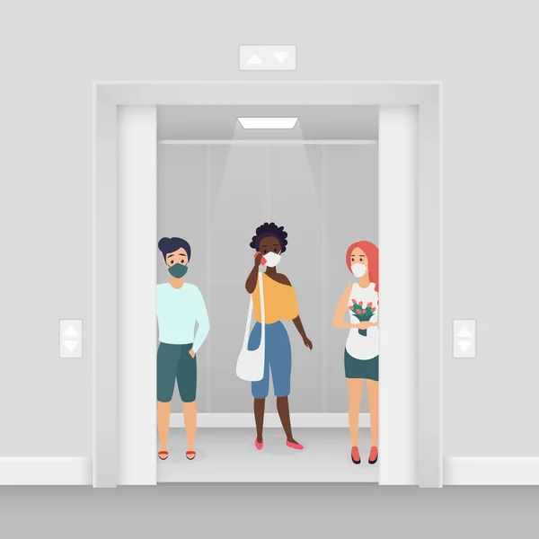 Люди Масках Лифте Сохраняют Дистанцию Covid Концепции — стоковый вектор