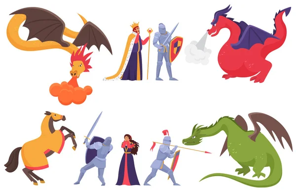 Medieval Knight Dragon Vector Illustration Set Cartoon Flat Fairytale Prince — Image vectorielle