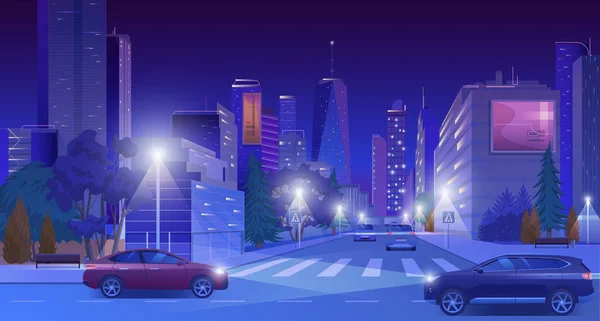 도시의 일러스트 현대의 파란색 미래의 경관에는 네온등을 밝히는 초고층 도로에 — 스톡 벡터
