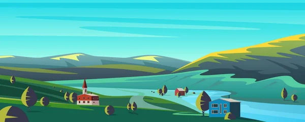Маленький Городок Горах Плоский Мультяшный Панорамный Пейзаж Векторные Иллюстрации Фона — стоковый вектор