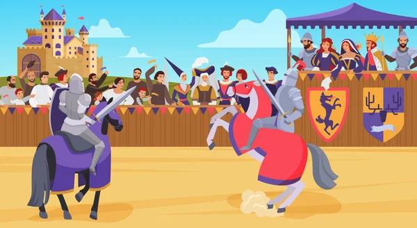 Ortaçağ Şövalye Savaşı Atlı Kahraman Savaş Meydanında Savaşıyor — Stok Vektör