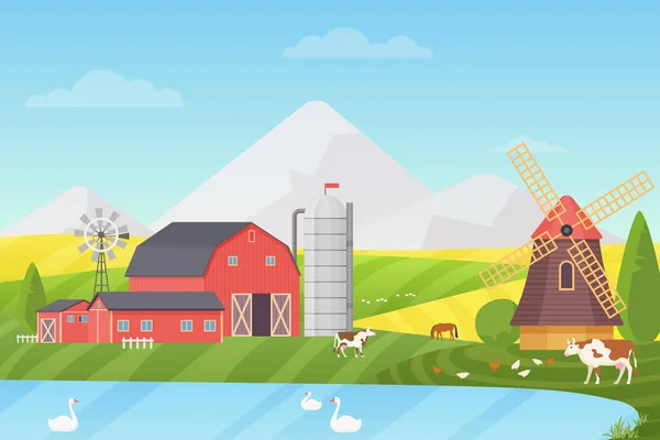 Agricultura Agronegocios Agricultura Vector Concepto Ilustración Paisaje Rural Dibujos Animados — Vector de stock