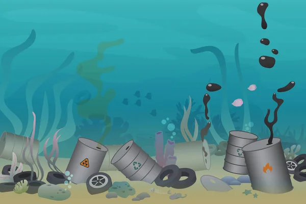 Plastic, tires and poisonous barrel pollution illustration trash under the sea vector illustration. Sea and ocean ecology pollution concept