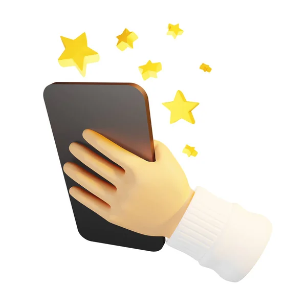Hand holding a smartphone and sending star icons. The concept of service rating, star reviews, customer experience, feedback, rating services or products. Isolated on white background, 3D rendering