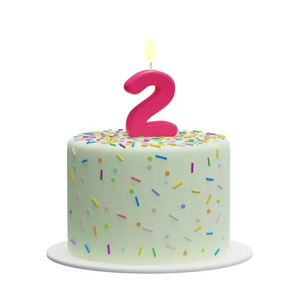 Cartoon cake with a candle in the shape of the number 2. Second birthday cake, anniversary. Isolated illustration on white background, 3d rendering